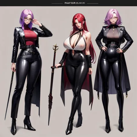 Tall lady，rune colored hair，Devil figure，Abusers，leather whip，eye glass，ssmile，big chest and thin waist，Wide hips，Leather jumpsuit