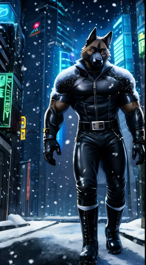 furry german shepherd, muscular, Cyber City, snowing, night, black leather arms and hands glove, black leather legs and riding boots, leather pants, anime, 4K