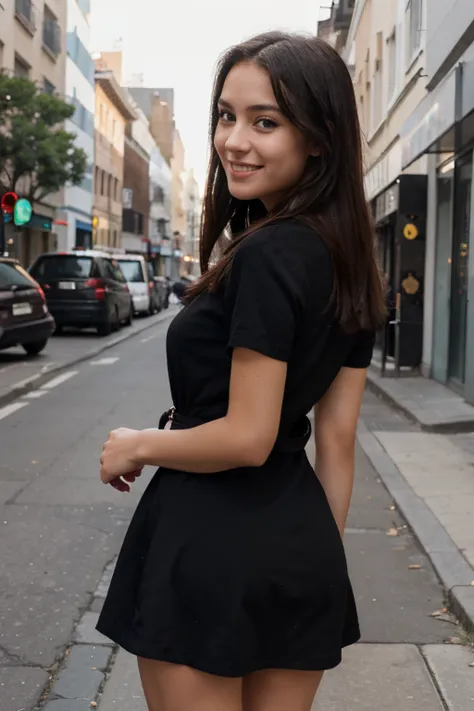 a girl with in street front of people. Hot legs, black dress and smile look at the camera looking from the side