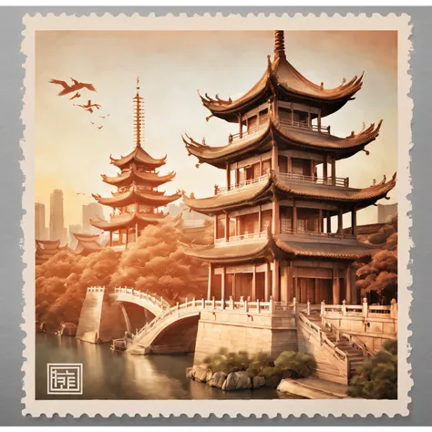 Postal postcard with an ancient Chinese building on the front. [line drawn, vintagestyle], (Exquisite, iintricate, nice) line work, (Elegant, Regal) architecture, (attractive cleavage, Thrilling) skylines, [nostalgic ambiance, faded], warm color palette, (...