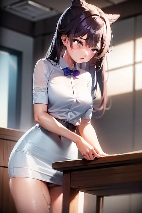 1girl, Table hump, rubbing the perineum, white  shirt, pencil skirt, office, white panty, skirt lift, strap, a table, elevation, multiple boys,A thought-provoking liquid,, Masterpiece, Best Quality, Highly detailed, (From Bottom:1.1)