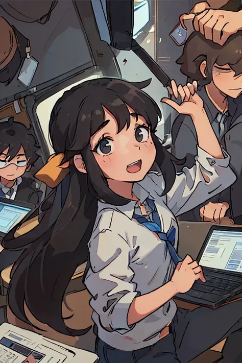 6 students having fun, 5 boys 1 girl, girl with very long black hair working on laptop, 2 boys studying, 3 boys having fun, total 6 people in picture only