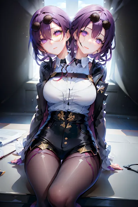 (2heads:1.5), masterpiece, best quality, 1girl,  1girl, official, black jacket, jacket on shoulders, shirt, shorts, pantyhose, eyewear on head, purple eyes, no glasses, sitting on throne