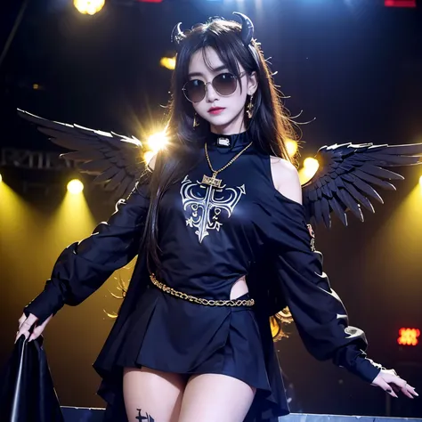 sunglasses, 1 girl with jesus, black dress, wings, black wings, angel, halo, demon horns, standing on the stage, choker, midget, super villain, stand, look at the viewer, cross necklace, earrings, jewellery, jesus, jesus christ, cross tatto, sunglasses, pe...