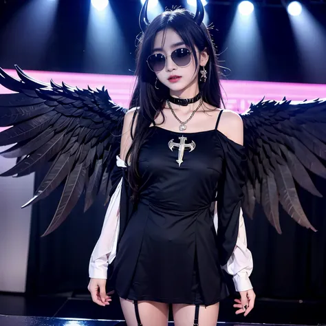 sunglasses, 1 girl with jesus, black dress, wings, black wings, angel, halo, demon horns, standing on the stage, choker, midget, super villain, stand, look at the viewer, cross necklace, earrings, jewellery, jesus, jesus christ, cross tatto, sunglasses, pe...