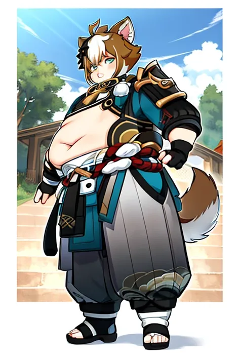 obese 1boy, gorou from genshin impact, dog ears in head, obese body, intense shadows, strong rim light, masterpiece,best quality...