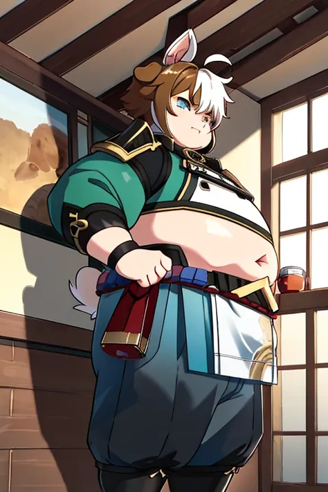 obese 1boy, gorou from genshin impact, dog ears in head, obese body, intense shadows, strong rim light, masterpiece,best quality...