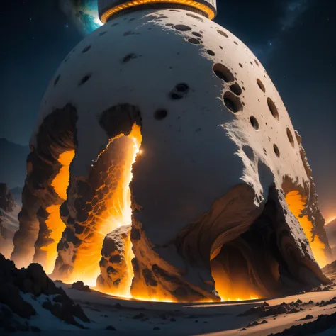 Alien base (The  very detailed) in desert mountains，There are several exhaust fans and chimneys, some spotlights shine from the base，Light up dark places at night), There are some clouds in the night sky, Some surrounding planets provide air to unknown pla...