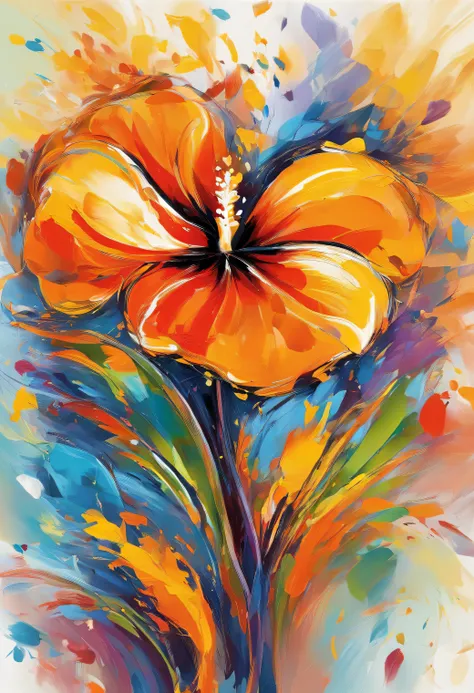 Draw an abstract painting of a single flower.,bright orange pansy flowers、use acrylic paint、Abstract artist known for his unique use of acrylic pouring, real brush strokes，aesthetic composition，Minimal style, Powerful and dynamic stroke、active shape、symbol...