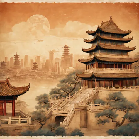 Postal postcard with an ancient Chinese building on the front. [line drawn, vintagestyle], (Exquisite, iintricate, nice) line work, (Elegant, Regal) architecture, (attractive cleavage, Thrilling) skylines, [nostalgic ambiance, faded], warm color palette, (...