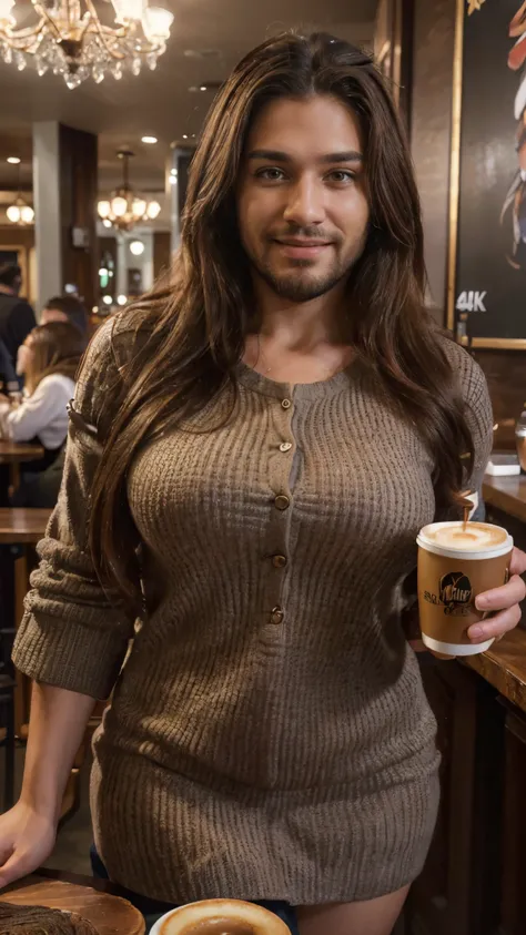 (best quality,4k,highres,ultra-detailed,realistic:1.37),vibrant portrait,beautiful cafe worker lady with a long big beard,long beautiful hair,manly chiseled face,expressive eyes,lovely smile,stylish outfit,confident stance,coffee cup,cozy atmosphere,artist...