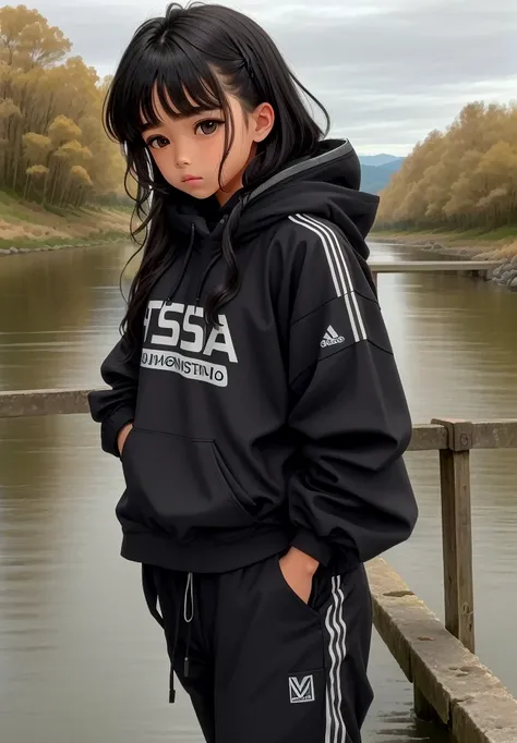 14-year-old girl,stop on a bridge with a river in the background, Ropa de senderismo, negro, photograph of a techwear woman, Ropa negra casual, con una sudadera con capucha negra, inspirado por Ion Andreescu, Ropa negra, Ropa deportiva, Ropa negra, wearing...