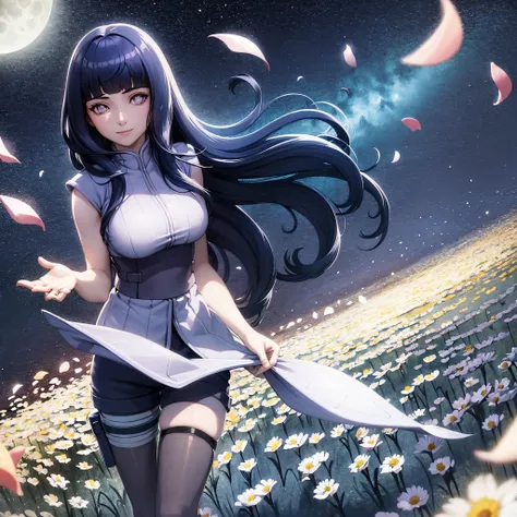 moon, 1 girl, blunt bangs, dark blue hair, long hair, smile, flowers petals, flowers field, night