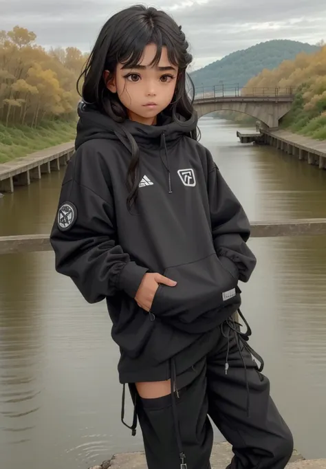 14-year-old girl,stop on a bridge with a river in the background, ropa de senderismo, negro, photograph of a techwear woman, rop...