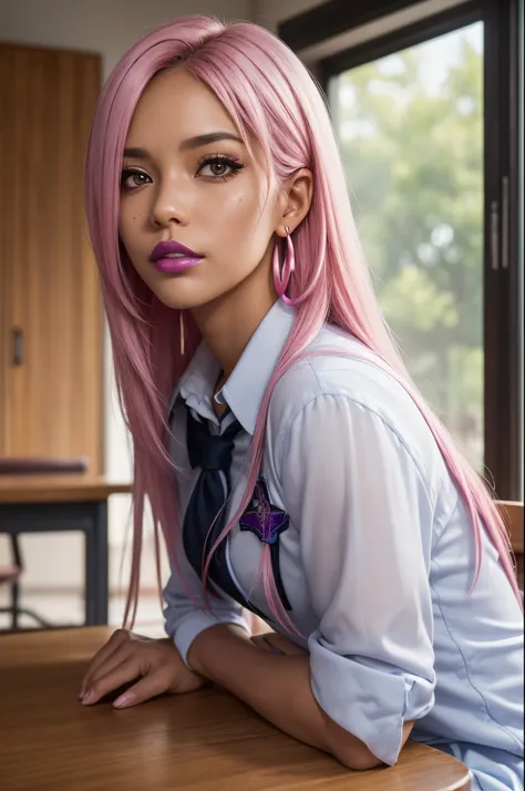 8K,(masutepiece, hight resolution, Best Quality:1.3), 8K, Highly detailed, Convoluted, colorful and vivid images, Sharp Focus, digital blending, 4K, Trending on pixiv Ingrid, ((School uniform)), Solo, 40 year old curve, (dark skinned female: skin tanned, P...