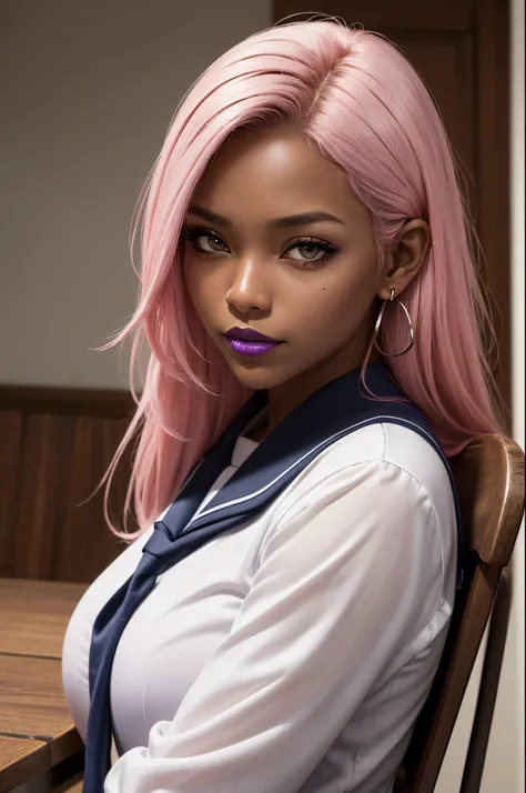 8K,(masutepiece, hight resolution, Best Quality:1.3), 8K, Highly detailed, Convoluted, colorful and vivid images, Sharp Focus, digital blending, 4K, Trending on pixiv Ingrid, ((School uniform)), Solo, 40 year old curve, (dark skinned female: skin tanned, P...