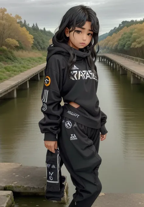 14-year-old girl,stop on a bridge with a river in the background, ropa de senderismo, negro, photograph of a techwear woman, rop...