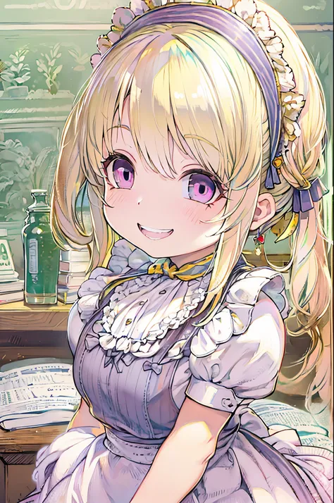 maid, Blonde hair, Purple eyes, Smiling