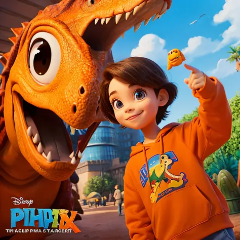 disney pixar poster，boy tall muscular body，Taking a selfie with a dinosaur in the background，The boy has brown hair, parted in the center, and is wearing an orange sweatshirt.。The girl next to me has long black hair and is wearing an orange sweatshirt.，kaw...