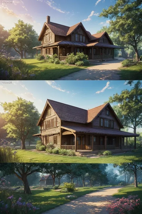 (a painting of an old house with a tree in front of it,beautiful detailed,matte painting:1.1,by Makoto Shinkai,pixiv contest winner,magic realism:1.2,official art,2d game art:1.1,anime),(best quality,4k,8k,highres,masterpiece:1.2),ultra-detailed,(realistic...