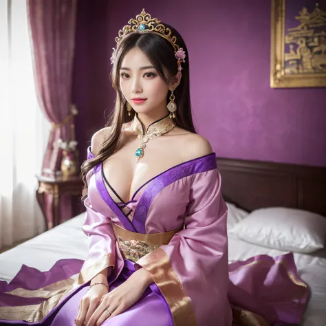 ((top-quality、masutepiece、8K、Top image quality、Highly complex and detailed depictions))、a chinese goddess、The best luxury where everything is unimaginable、The most gorgeous and majestic goddess costume、Surrounded by pink and purple curtains、pink and purple...