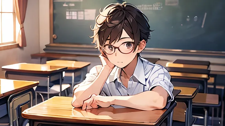 ​masterpiece, top-quality, 1boy, wears glasses, Otaku high school student,If you look closely, he&#39;s handsome, 独奏, white  shirt,Being in the classroom