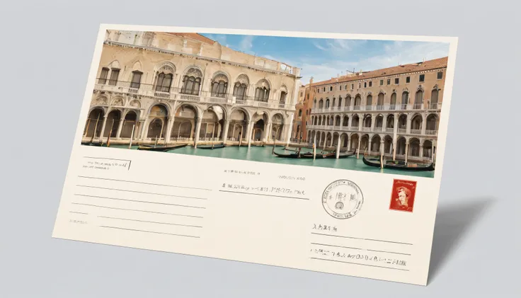 Postal postcard，Photo of Venetian palace on the front。Printed wireframe logo with stamp location and recipient address、Name format