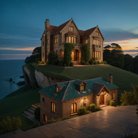 A house on a cliff at night  stunningly beautiful in 8K Ultra HD detail. every brick, janelas, and the door of the house clearly visible, It#39;s as if every subtle texture and line  rendered in ultra-high definition resolution.