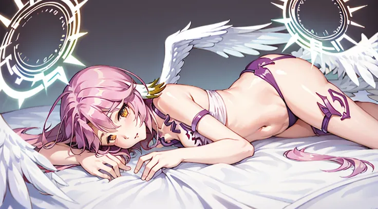 jibril,1girl,side facing,co-sleep,from side,lie down on bed,look at viewer,anatomically correct posture,white wings