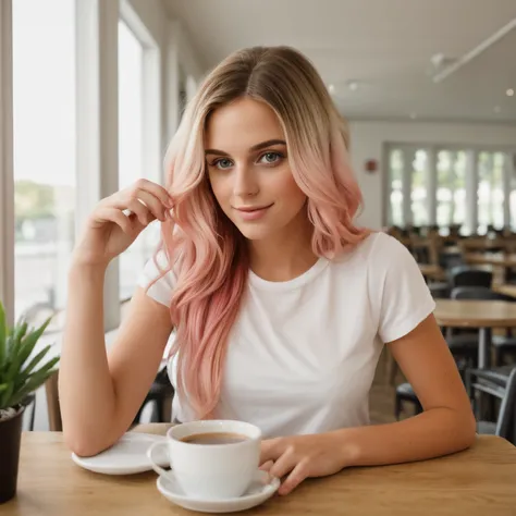 1 pretty young woman itting at the table in the cafe wearing white top BREAK (ombre:1.3) blonde pink BREAK film grain, high quality taken with iphone camera