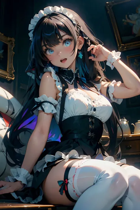 masterpiece, (bestquality), highlydetailed, ultra-detailed, (aqua eyes), (black hair), (blunt bangs), (breasts), (cheshire:1.5), (azur lane), (dress), (eyebrows visible through hair), (frilled ribbon), (frills), (hairband), (looking at viewer), (maid), (ma...