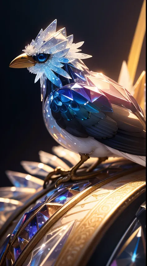 (masterpiece), (magical), close up on a [bird, cute bird sitting on the dark, beautiful wings:cristal bird, (made of crystal:1.3), crystalic,translucent, jewel, (crytalic feathers):8], product shot, close up, traced lights