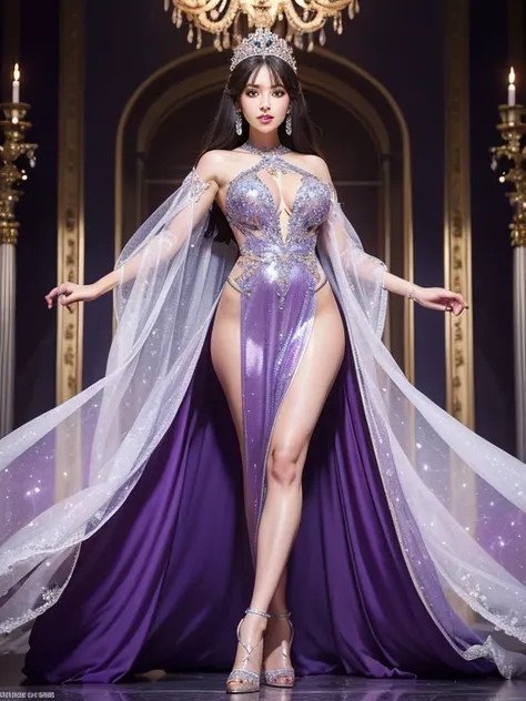 Ultra high-definition images,Very beautiful princess, 30 girls, ((femele/Wonderfully beautiful woman/Detailed images of super beautiful women,fullbody image,)), tiara studded with diamonds, Purple Gown,Silver dress,fullbody image,palace background image mo...