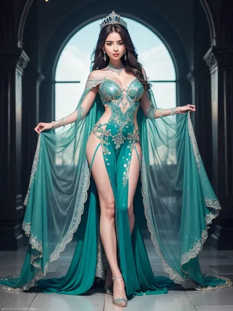 Ultra high-definition images,Very beautiful princess, 30 girls, ((femele/Wonderfully beautiful woman/Detailed images of super beautiful women,fullbody image,)), tiarra, green gown,Silver dress,fullbody image,palace background image model style, (Highly det...