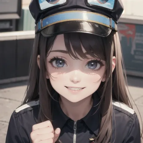 A 25 years old girl wearing pilot dress, smiling face,  looking at viewer