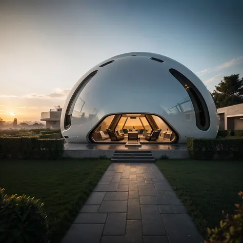 hyper realistic  organic futuristic villa designed by Zaha Hadid with black frames  , sunset , hyper realistic, depth of field , modern architecture, minimal architecture , futuristic architecture , foggy , lights on  front garden no human,  isometric view