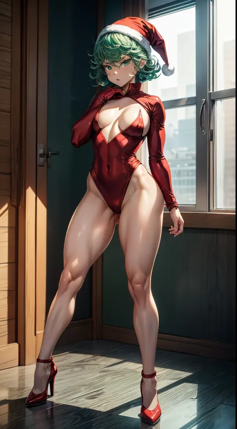 (((1 girl))), wearing the Santa hat, (Tatsumaki of a punch man), (short green hair), (green eyes), small chest, (((wearing sexy red Santa Claus outfit with comes out very short))), (((full body view))), (in the room with the chimney), (((beautiful and musc...