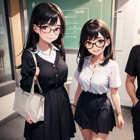 A 25 years old girl wearing a teacher dress with glasses, smiling face, looking at viewer