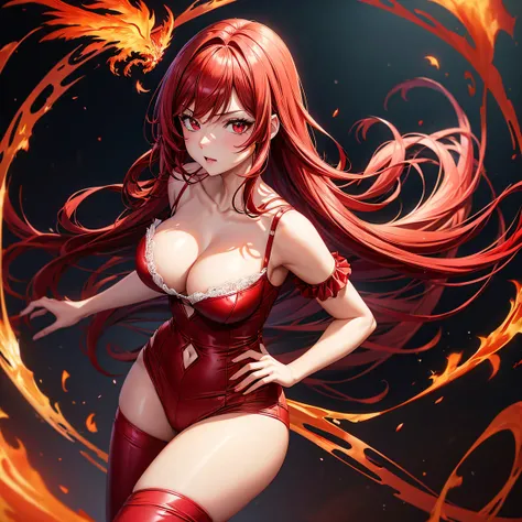 Very beautiful anime girl, crimson red hair, red eyes, wearing sexy lingerie and a red shirt and dark red pants, Mysterious phoenix flames, mole under the right eye, MILF, full view