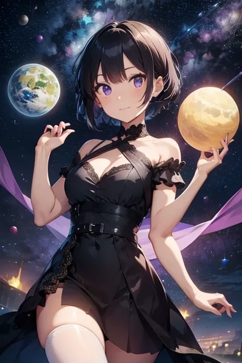 A woman with a green short hair and purple eyes, dressing a full dress, holding a star and planets