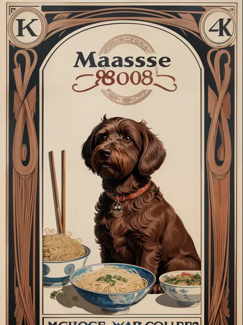 (best quality,4k,8k,highres,masterpiece:1.2),ultra-detailed,1890s noodles advertisement poster, Art Nouveau Style, brown labradoodle and a bowl of noodles, simple color palette, poster takes up the full frame, simple design