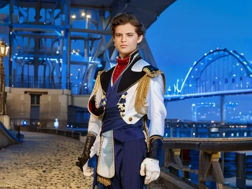 young male prince,both eyes are wide open,Hairstyle divided into left and right parts in the middle of the head,Blue eyes,White tuxedo,twinks,Bridge in the background,a picture,in 8K,top-quality,highest details,serene expressions