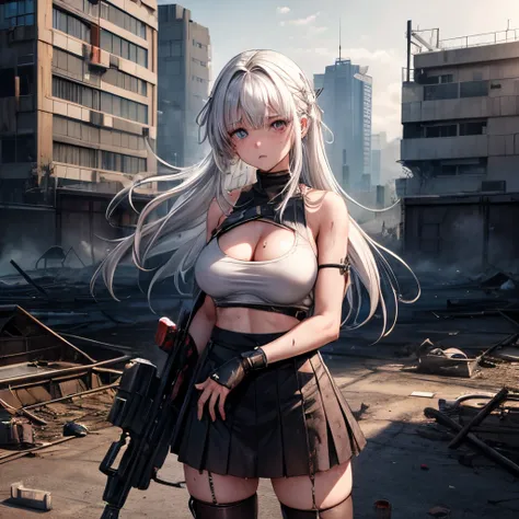 girl,war orphan,destroyed,scattered concrete,large breasts,dirty tank top,dirty miniskirt,zettai ryouiki,bare shoulders,,beautiful white hair,despair,injury,,{{{{Heavily injured}}}},floating hair,apocalyptic worl,detailed face,,sweat,cleavage,