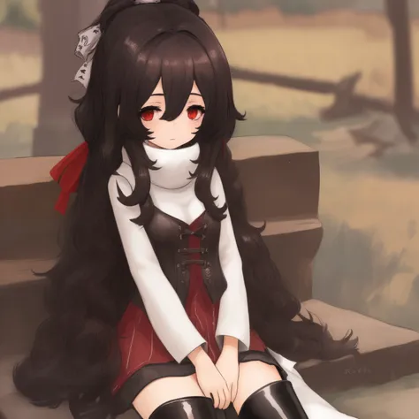 1girl, Itumeta, Valley, knee boots, 独奏,  Background, Hair between the eyes, red eyes, (goth_punk)