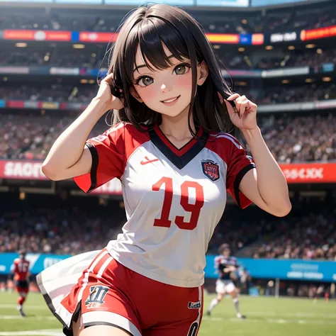 A 25 years old girl wearing football dress, smiling face, looking at viewer