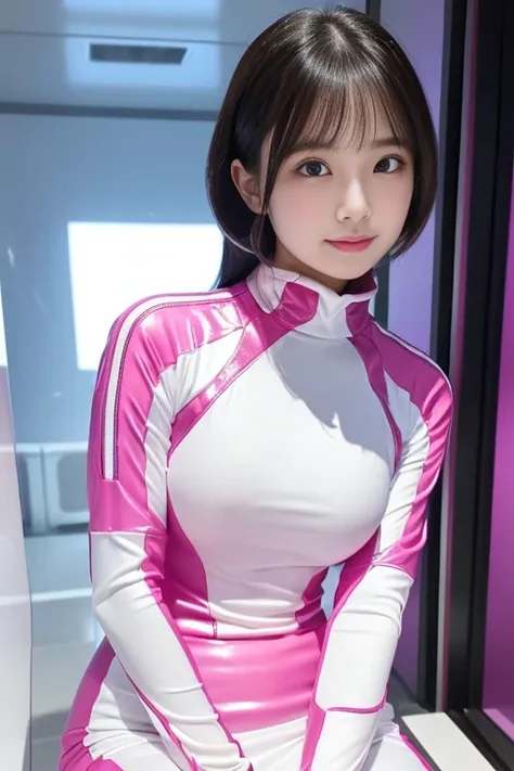 (put index finger on jaw, bend index finger, shiny rubber suit, stare at viewer, leaning forward, 1 girl, looking at viewer, from front, facing straight at viewer, white and dark pink clothes, white gloves, futuristic space suit, inside spaceship room),
sm...