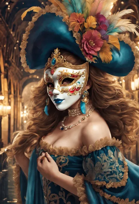 (a girl wearing a traditional Venetian mask),(best quality,highres),detailed face,beautifully decorated mask,colorful feathers,fine craftsmanship,ornate patterns,sparkling jewels,mysterious ambiance,artistic portrayal,soft lighting,vibrant colors,venetian ...