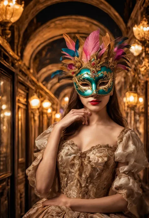 (a girl wearing a traditional Venetian mask),(best quality,highres),detailed face,beautifully decorated mask,colorful feathers,fine craftsmanship,ornate patterns,sparkling jewels,mysterious ambiance,artistic portrayal,soft lighting,vibrant colors,venetian ...