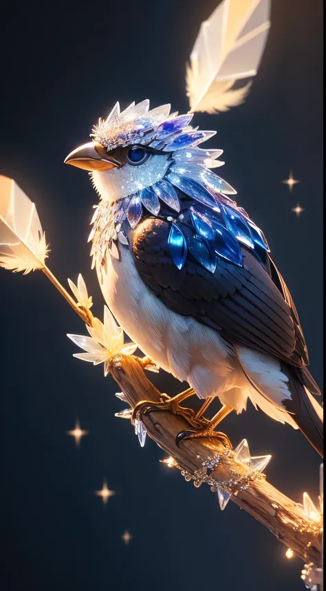 (masterpiece), (magical), close up on a [bird, cute bird sitting on the dark, beautiful wings:cristal bird, (made of crystal:1.3), crystalic,translucent, jewel, (crytalic feathers):8], product shot, close up, traced lights, mytical, mytologica,