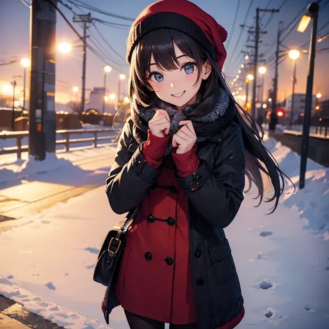 A 25 years old girl wearing winter dress, winter time,  smiling face,  looking at viewer